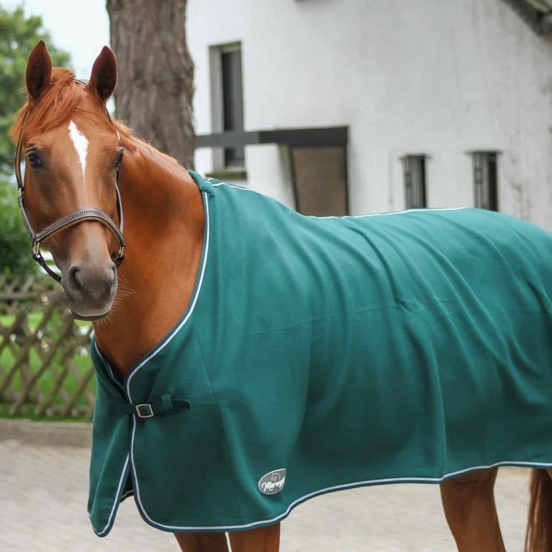 Marengos - Abschwitzdecke Economic | Pferdedecke mit Schweifkordel, Widerristpolster & Metallverschluss | atmungsaktive Fleecedecke | Pferde-Outdoordecke | Pferde Zubehör in Tannengrün | 155cm