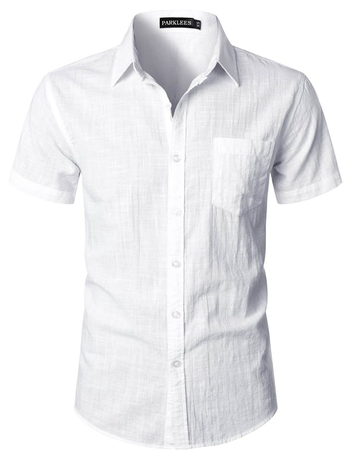 PARKLEESMen's Fitted Cotton Linen Casual Short Sleeve Button Up Shirts Lightweight Beach Tops with Pocket