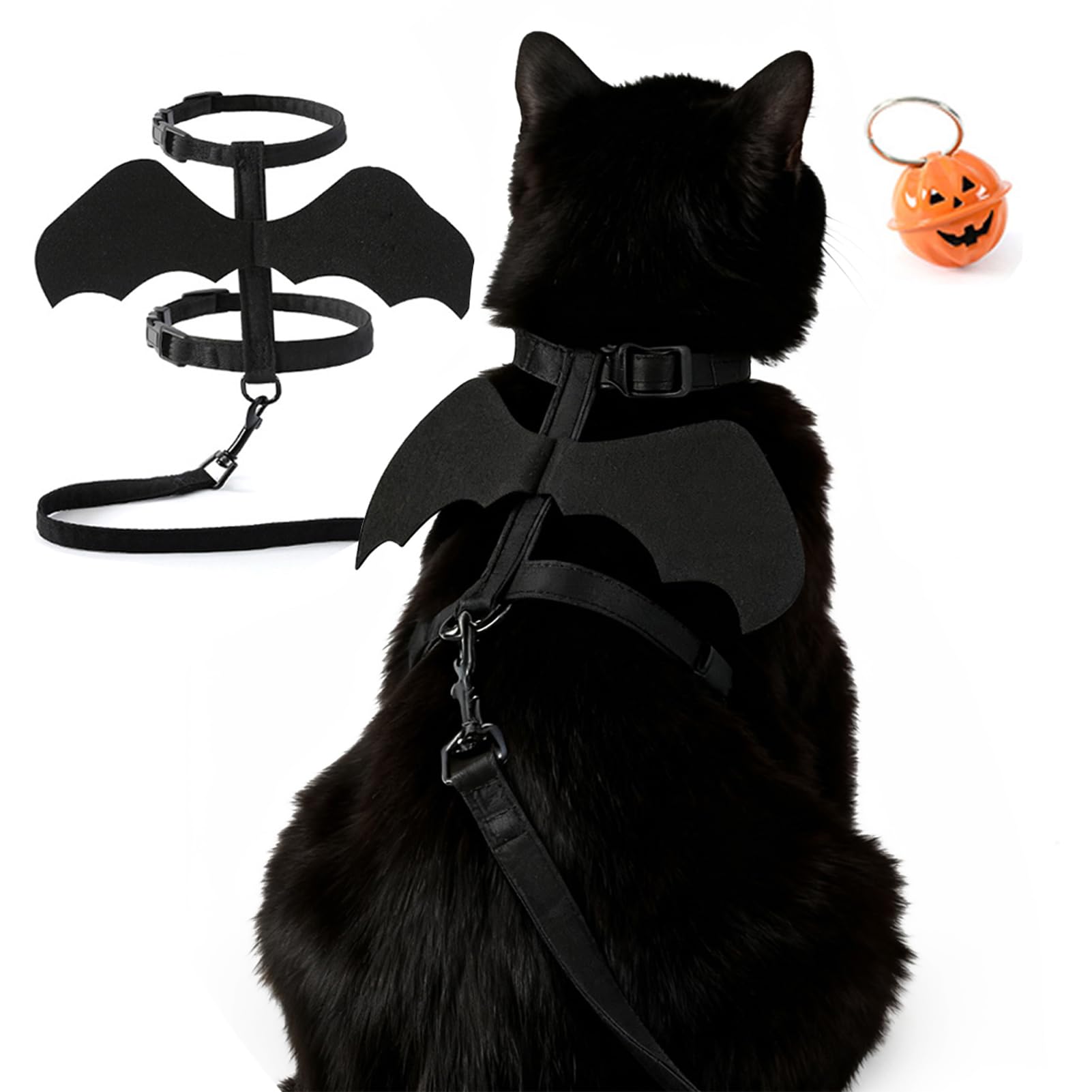 LeLehome Halloween Costume Pet Harness and Leash Set for Cats & Dogs - Cute Bat Wings with Pumpkin Jingle Bell, Adjustable Straps for Kitten, Puppy, Rabbit, Party Cosplay Accessory