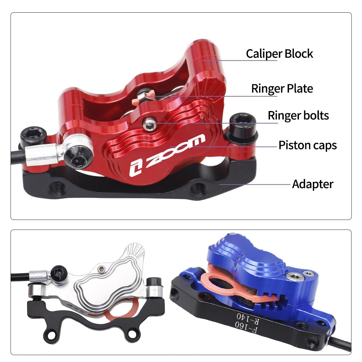 Set di Freni Idraulici a Disco in Alluminio a 4 pistoncini per e-Bike, Anteriori e Posteriori, 900 mm/1550 mm, compatibili con rotori da 160 mm, per MTB, BMX, eBike e XC (Viola).