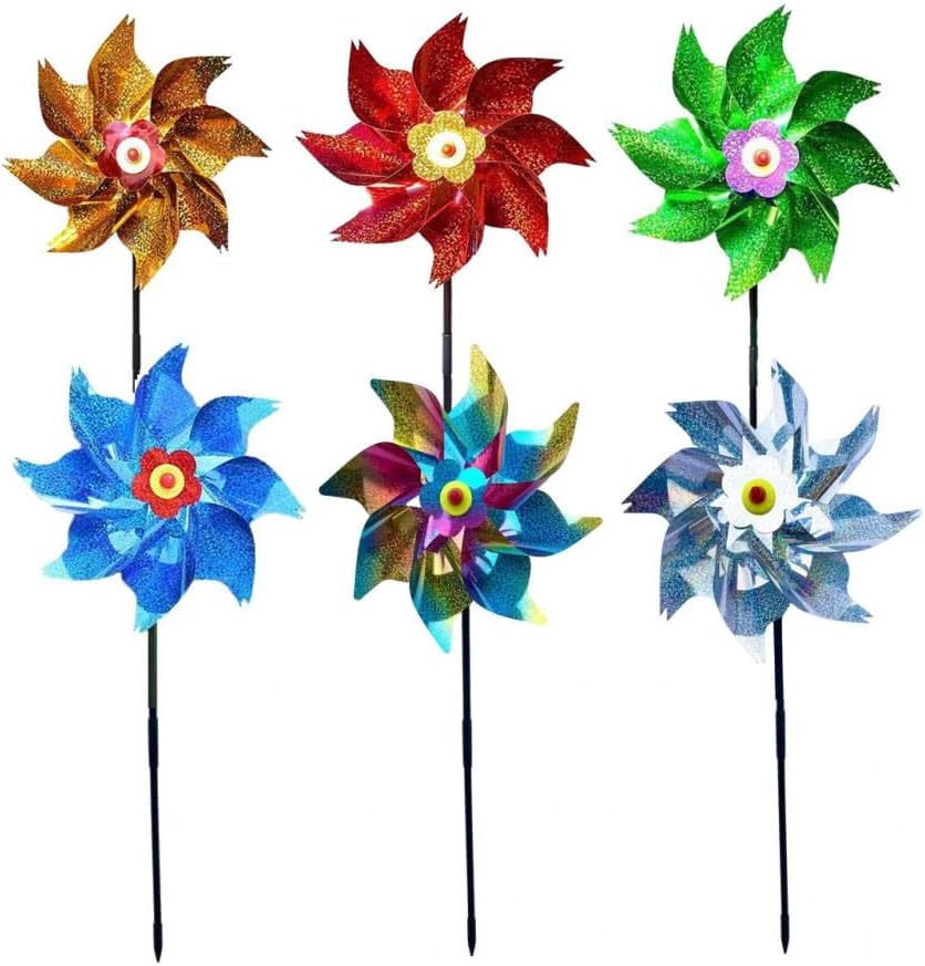 Goodern 6 PCS Windmill Bird Repeller,Double-Side Reflective Shiny Pinwheels Bird Repellent with Stakes,Garden Colorful Sparkly Pinwheel Decor,Bird Device Deterrent to Scare Birds Away from Patio Farm