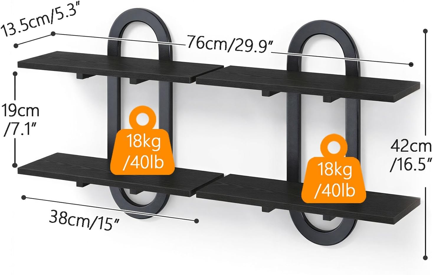 Floating Shelves, 2Pcs Wall Mounted Shelves with 2-Tier Bathroom Hanging Storage Shelves Set for Living Room Bedroom Bathroom Office Kitchen, Black