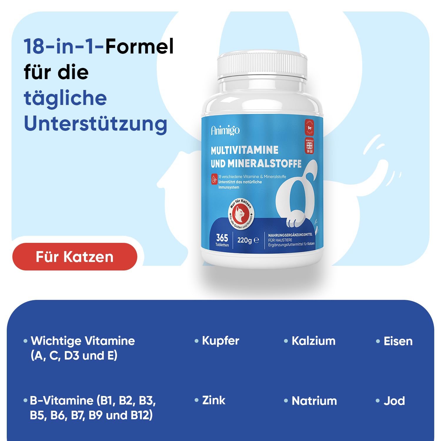 Animigo Multivitamine für Katzen - 365 Vitamine Tabletten - Mit Vitamin B Komplex(Biotin, Folsäure), C, D3, Kalzium, Eisen, Kupfer, Jod, Zink - 18 Mineralien & Vitamine für Katzen & Kätzchen Immunität