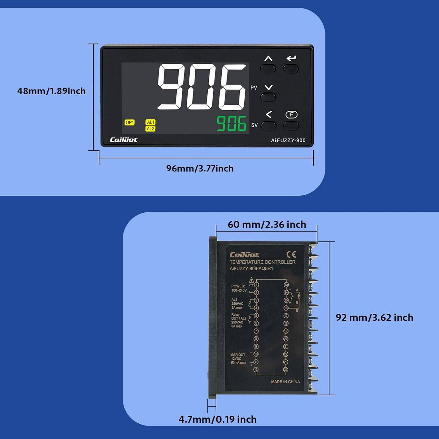 PID Temperature Controller, Coiliiot Voltage AC100-240V, LCD Display, Relay & SSR Dual Output, Dual Alarm Output, PID Thermostat with K Thermocouple (96mm*48mm)