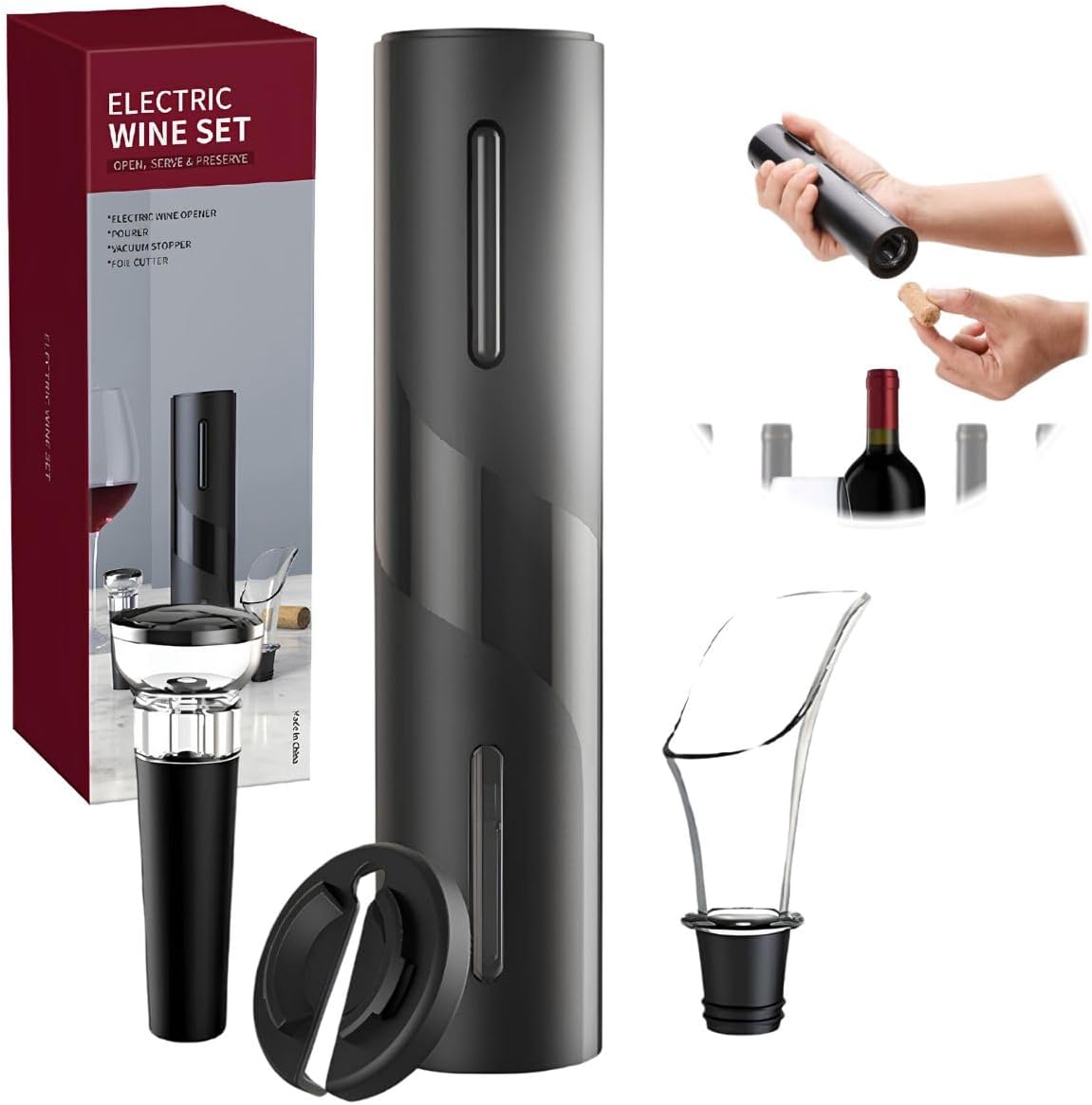 Kit Saca-Rolha Elétrico Recarregável com base e acessórios