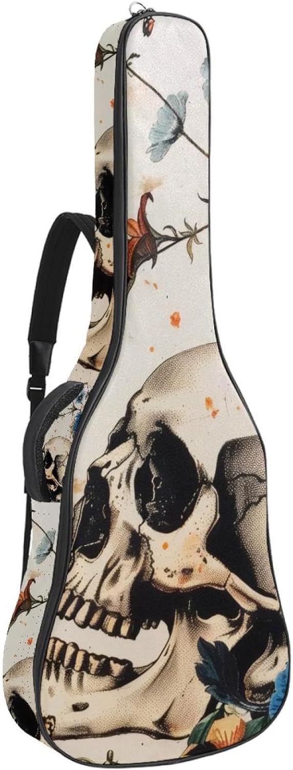 Acoustic Guitar Gig Bag 1 cm Thick Padding, Waterproof Electric Guitar Bag 40-42 Inch Guitar Case Backpack with Dual Shoulder Strap, Vintage Skull Flower Plant Butterflies