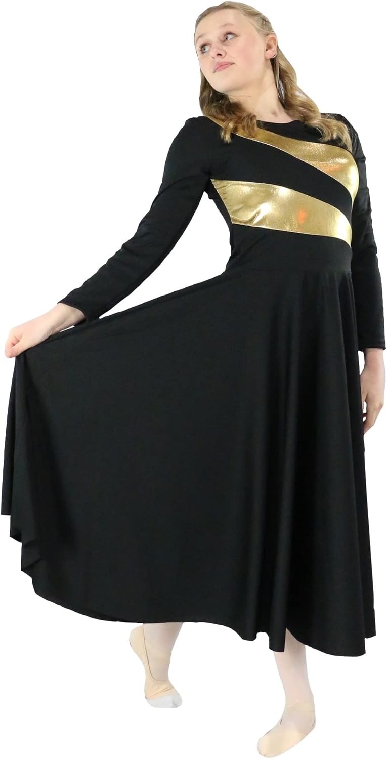Danzcue Girls Metallic Worship Dance Dress, Metallic Bicolor Full Length Praise Dance Dress - Image 2