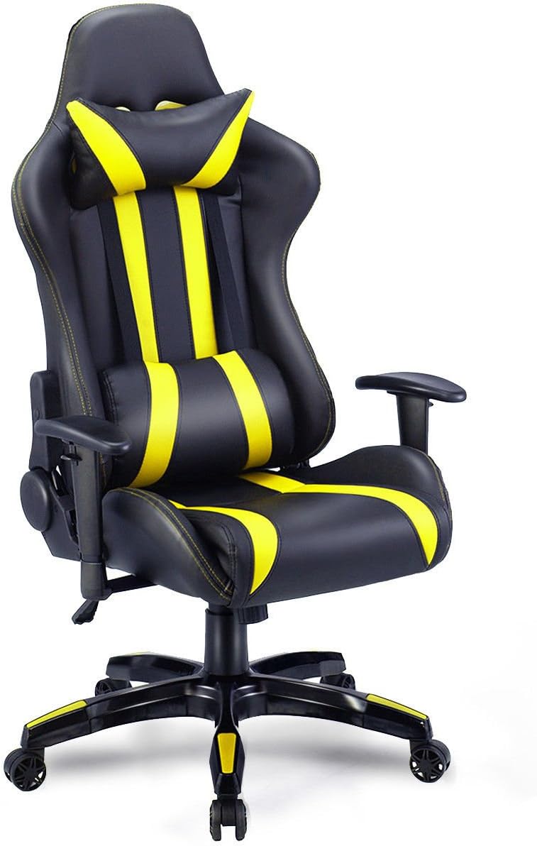 Giantex Gaming Chair Racing Style High Back PU Leather Executive Office Chair with Headrest and Lumbar Support Ergonomic Home Office Computer Desk Task Chair (Black+Yellow)