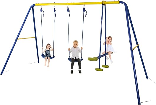 HLC Metal Kids Garden Swing Set with Glider for Toddler Heavy-Duty A-Frame with 2 Seats and 1 Swing Glider for Outdoor Backyard, Ages 3-10, Hold up to 440lbs