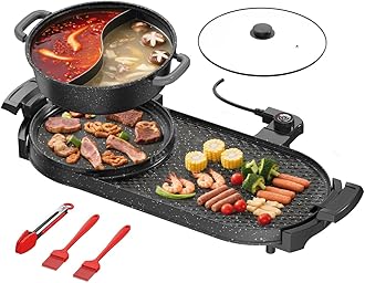 AORAN Electric Grill and Hot Pot Combo for Indoor Cooking, 2200W Detachable Dual Zone BBQ Griddle with Removable Split Pan, Non-Stick Surface, 29x11 Inch Family Size, Includes Grill Tools & Oil Paper