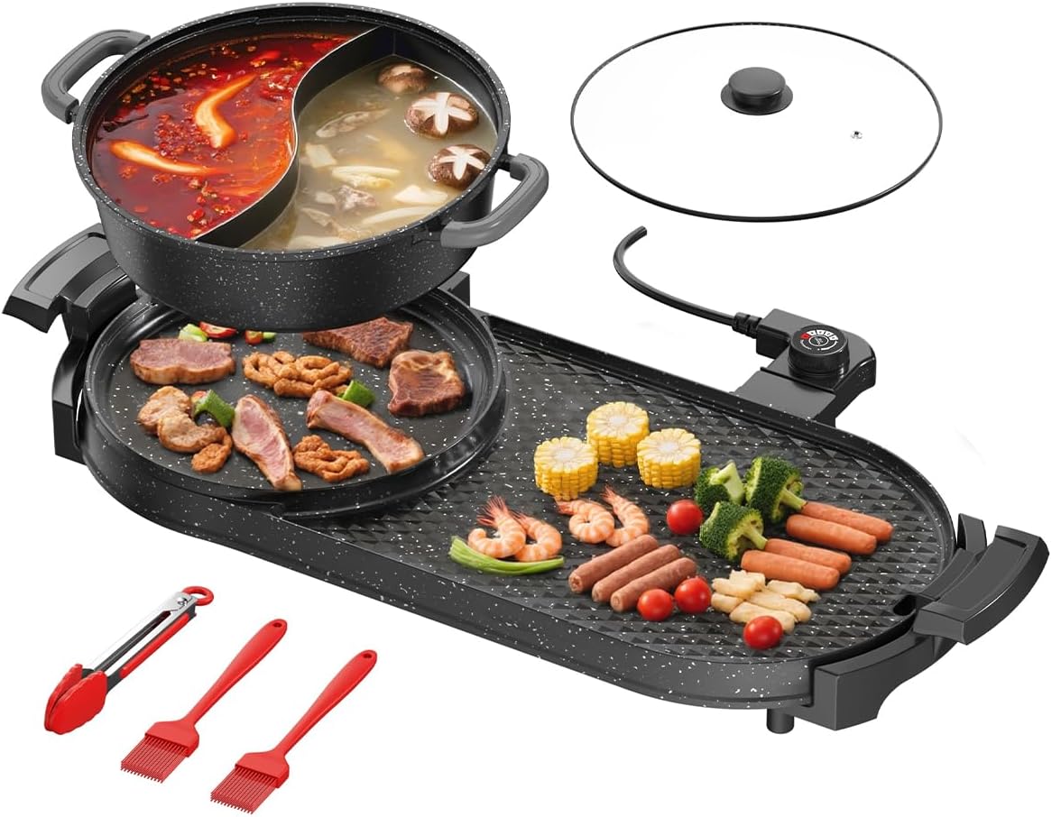 AORAN Electric Grill and Hot Pot Combo for Indoor Cooking, 2200W Detachable Dual Zone BBQ Griddle with Removable Split Pan, Non-Stick Surface, 29x11 Inch Family Size, Includes Grill Tools & Oil Paper