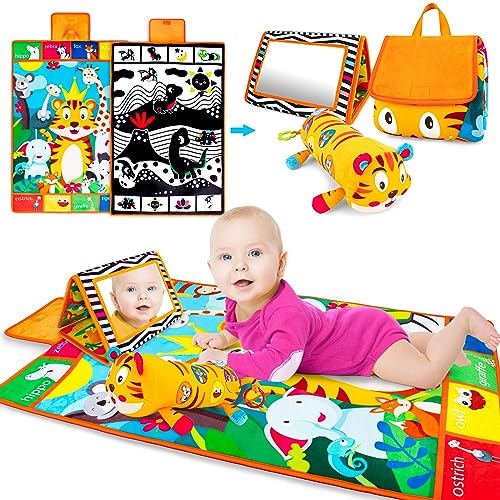 Image of Inbeby Tummy Time Toys,3-in-1 Tummy time Mat & Baby Mirror & Pillow- High Contrast Black and White Baby Toys for Early Education,Newborn Infant Activity Mat Set for 0 3 6 12 Month