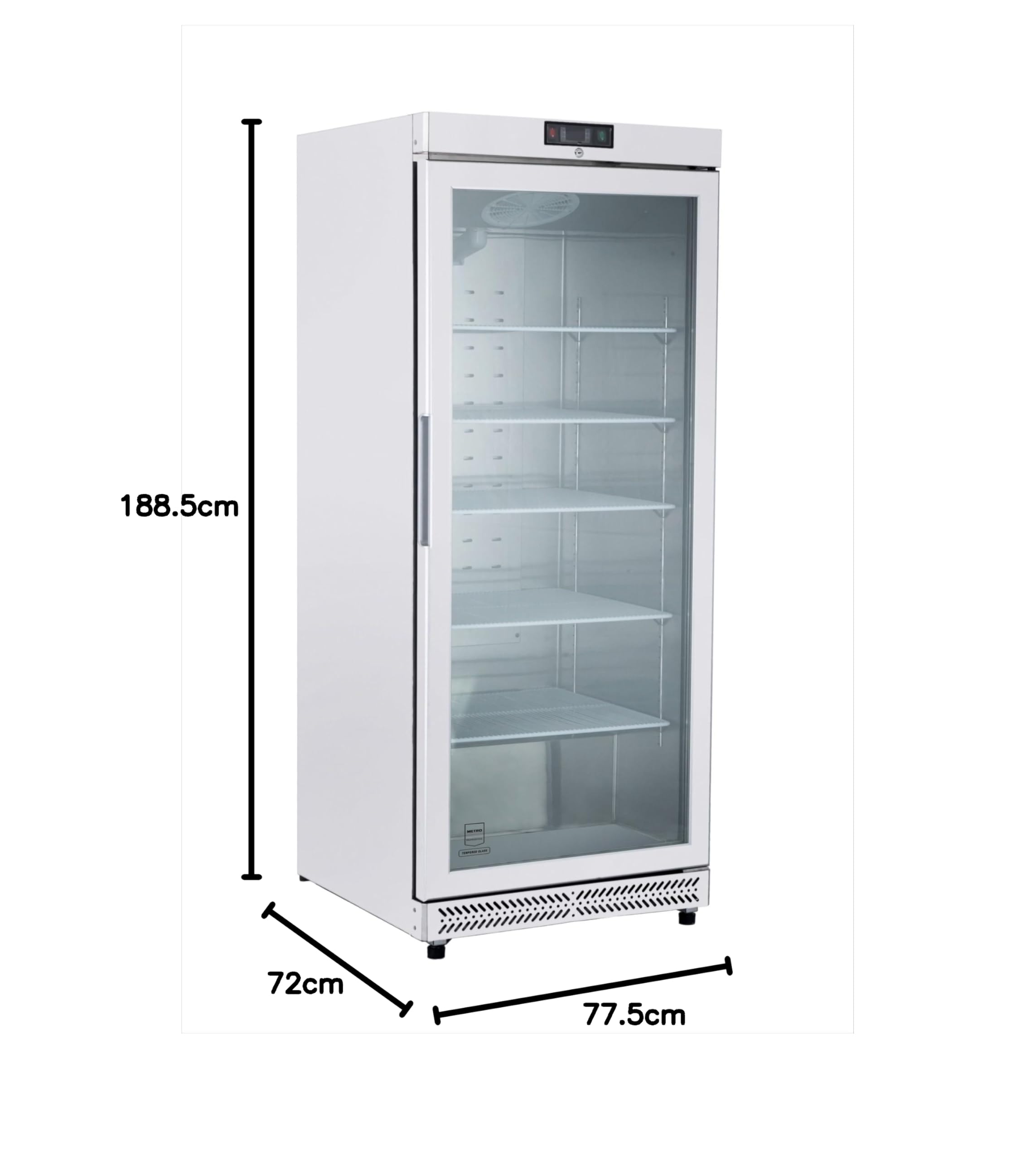 METRO Professional Frigorífico con Puerta de Cristal GRE6600G, 380L, Nevera Vertical con Cerradura, 77.5x72.5x188.5cm, 5 Estantes, Blanco