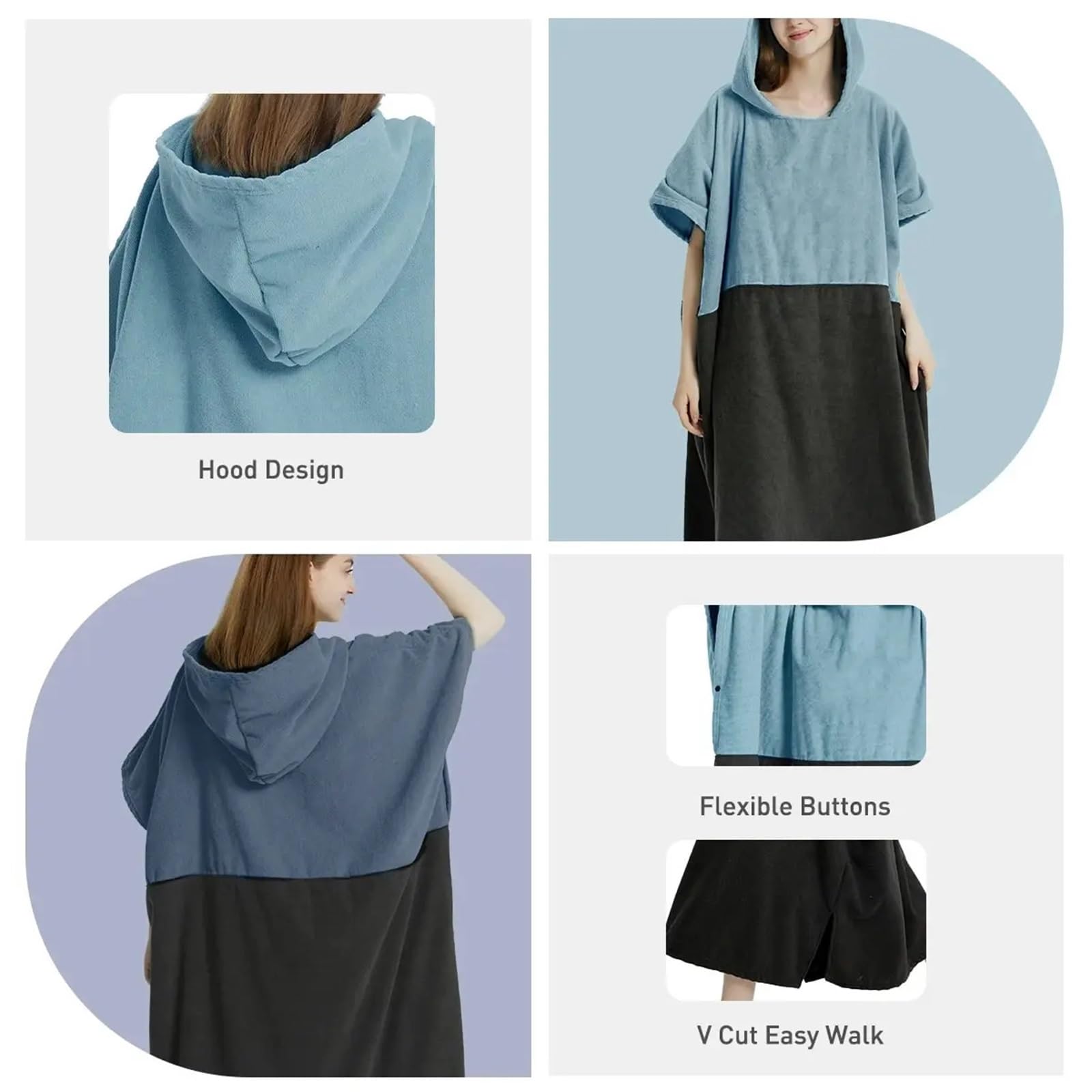 Poncho da surf, asciugamano, poncho ad asciugatura rapida, con cappuccio, accappatoio spiaggia, bagno for adulti Poncho da Spiaggia(Light Blue)