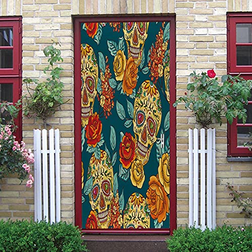 LuSeven türbilder selbstklebend Schädel Rose Pflanze 77x200cm(30.31 inches * 78.74 inches) 3D Türaufkleber PVC Selbstklebende Wasserdichte Abnehmbare Art Decals für Dekoration Wandbild Türtapete selbs Cover