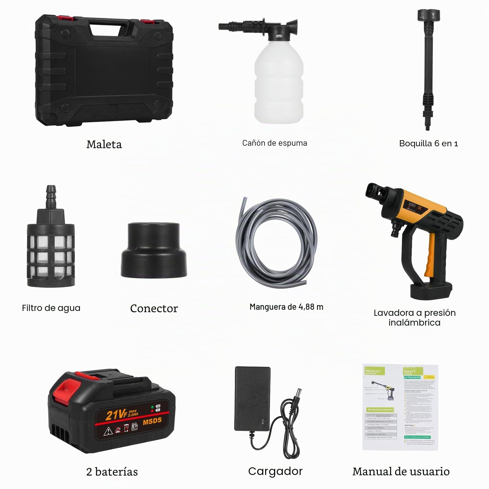 21 V Limpiador de alta presión con batería de 21 V, 30 bar/435 PSI portátil con 2 baterías, boquilla 6 en 1, pistola de espuma, manguera de 4,9 metros para riego, limpieza, lavado de coche