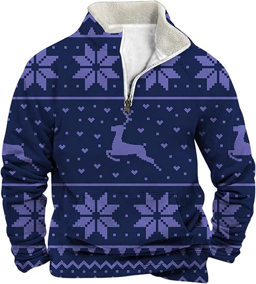 Weihnachtspullover Herren Lustig – Fleece Gefüttert, Mit Halbem Reißverschluss Und Stehkragen, Warm Für Winterfeste