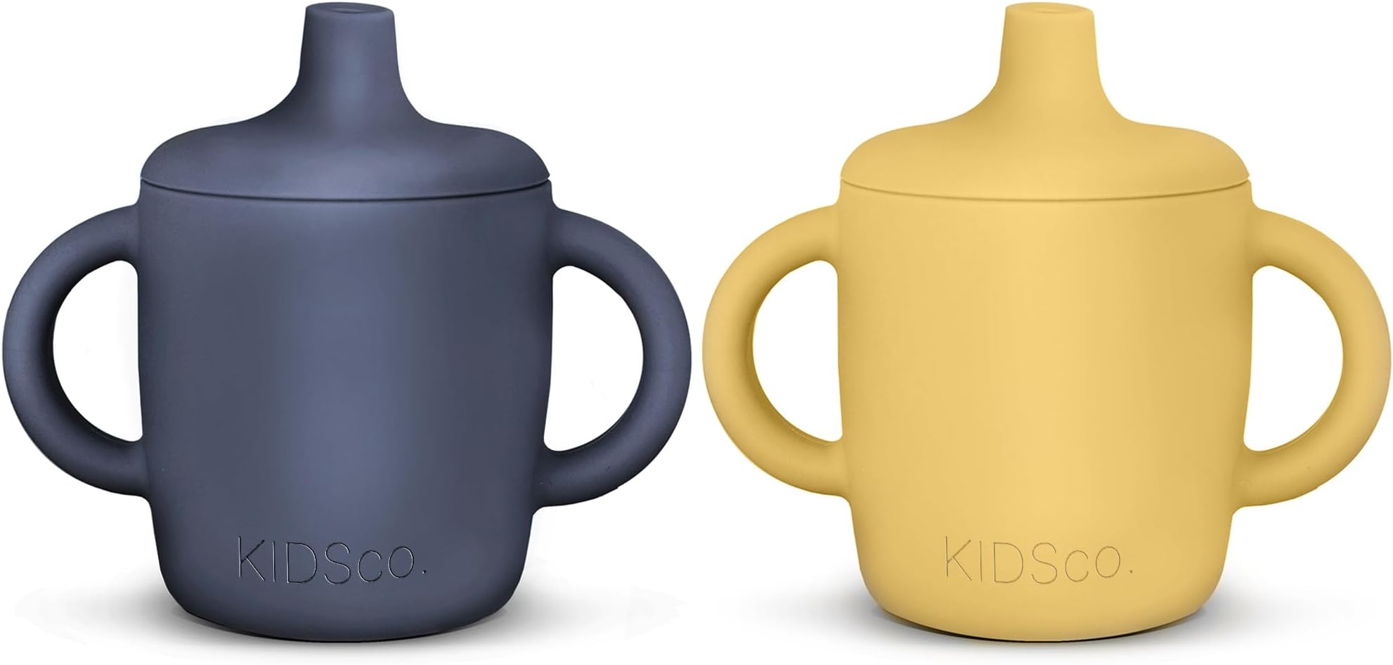KIDSco.Silicone Sippy Cups with Easy Grip Transition Handles and a Soft Spout. A Non Toxic No Spill Unbreakable Training Cup 150ml/5oz |2-PACK Midnight Blue and Canary|