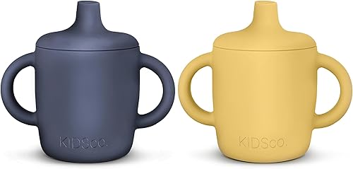 Miniatura 10 de KIDSco. Tazas de silicona con asa (paquete de 2) – Pico suave y tazas de entrenamiento abiertas para bebés de 6 meses en adelante | Asas de fácil