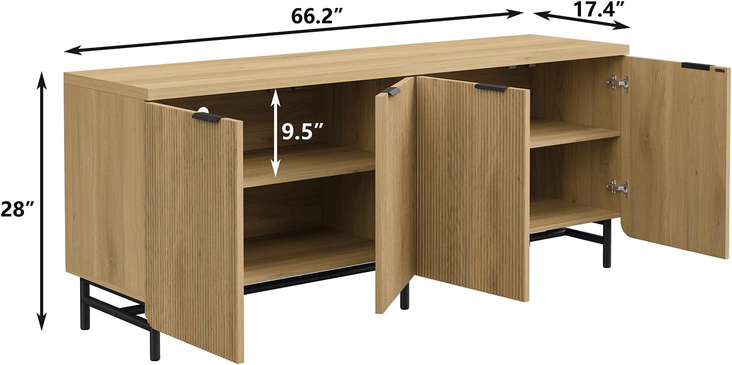Furniouse Buffet Cabinet with Storage 66.2''W Modern Sideboard with 4 Fluted Doors & Shelves Wood Kitchen Buffet Table Fluted Cabinet for Living Room, Natural Oak