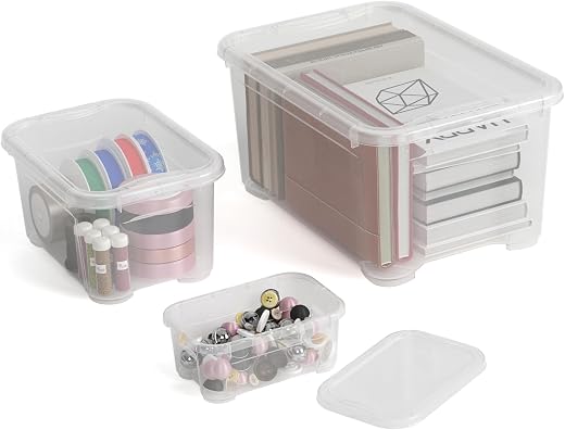 Keter Set di 10 Contenitori in Plastica con Coperchio T Box, Trasparenti, Ideali come Portaoggetti, Adatti per Armadi, Garage e Ufficio, Taglie Miste