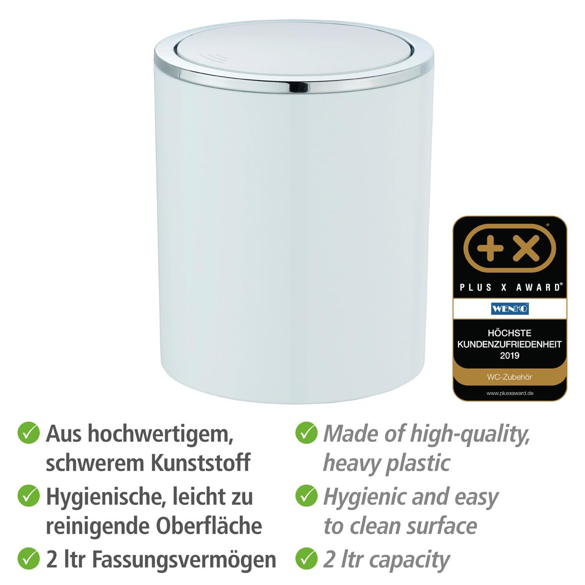 WENKO 2 Litre Swing Lid Waste Bin, Acrylonitrile butadiene styrene (ABS), White, Ø 14 x 16,8 cm