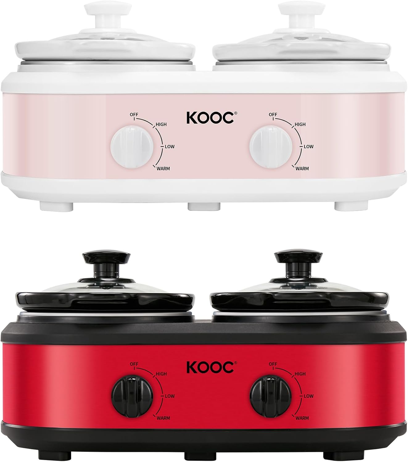 KOOC Double Small Slow Cooker 2 Pots Total 2.5 Quarts Red and Pink