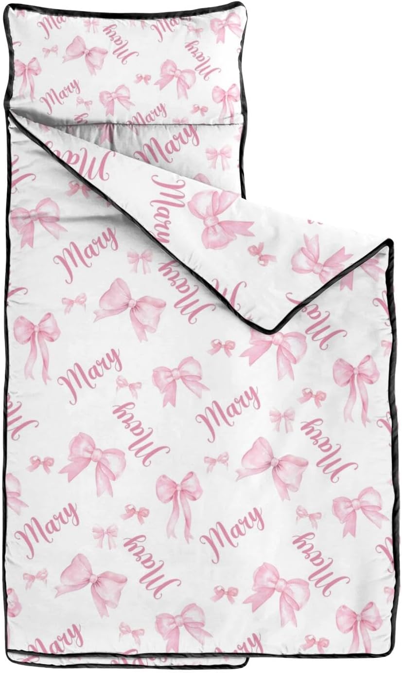 Personalized Toddler Nap Mat with Name – Custom Pink Bow Sleeping Bag with Pillow & Blanket for Girls – Ideal Slumber Bags for Daycare, Preschool & Kindergarten