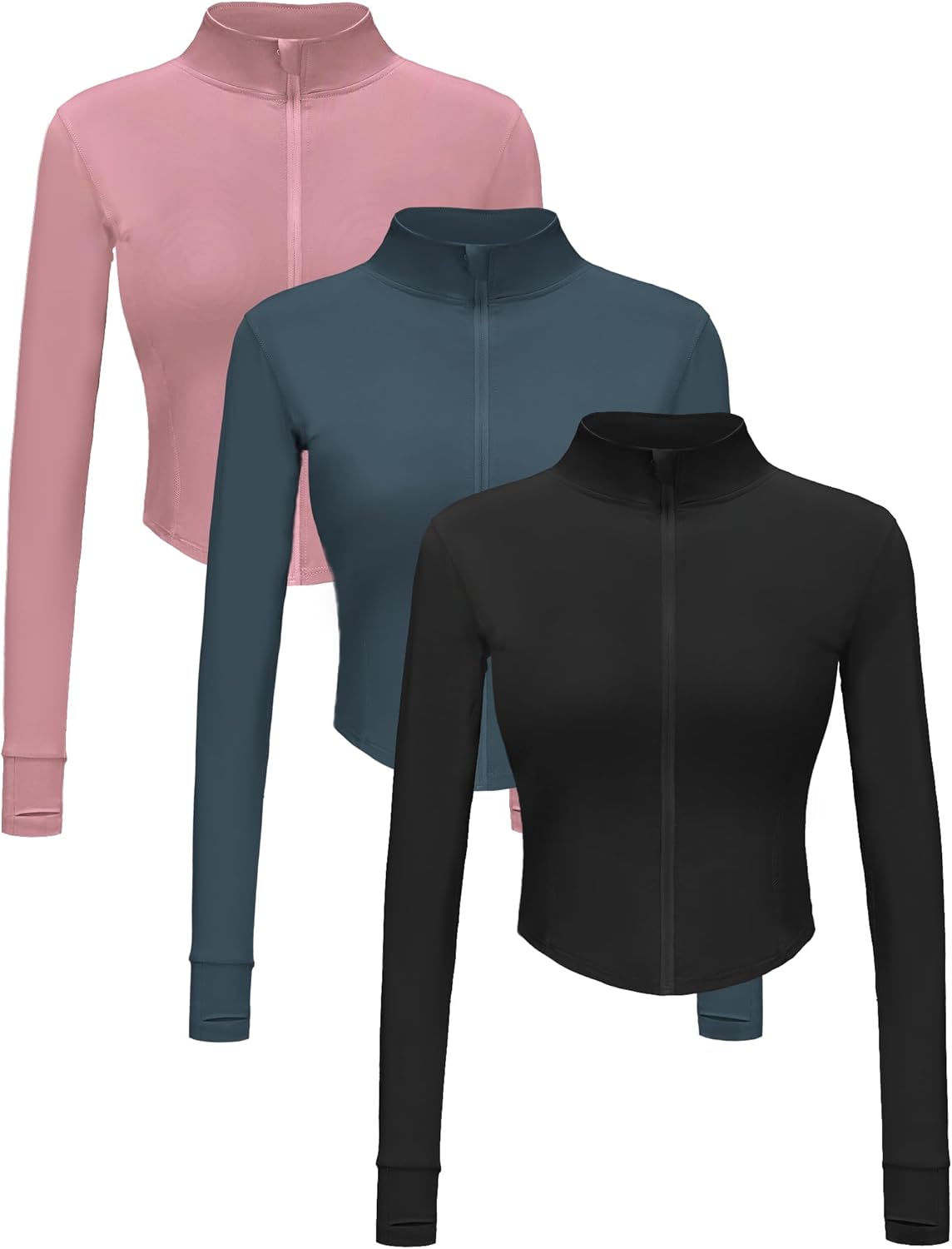 Dalavch 3 Pack Womens Cropped Full Zip up Workout Jacket Slim Fit Running Athletic Gym Yoga Sports Jacket with Thumb Holes
