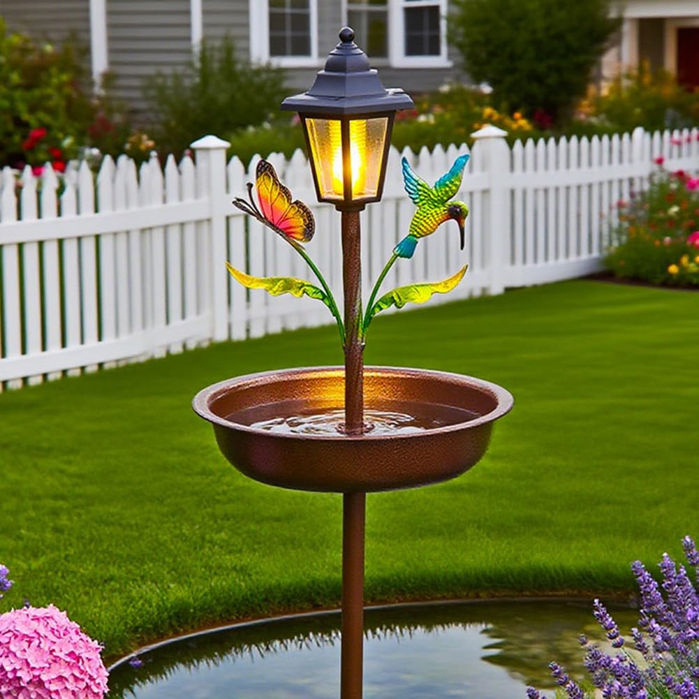 Mangiatoia solare per uccelli, mangiatoia per uccelli e vasca da bagno con luce automatica, mangiatoia per uccelli in ferro per giardino e cortile, mangiatoia solare per uccelli per esterni