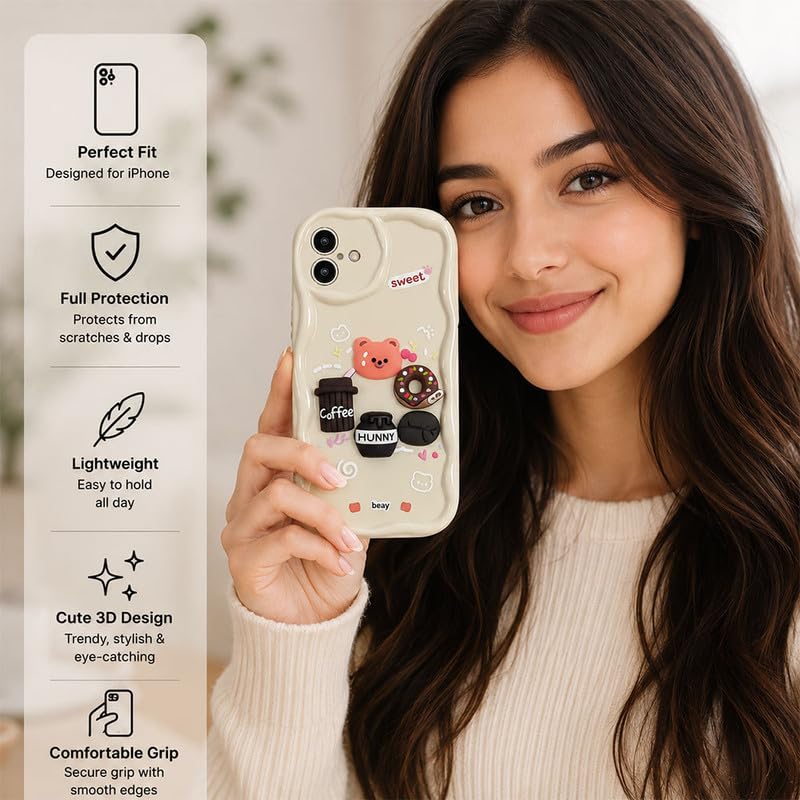 Image of ZR023 Compatible for iPhone 16 Cute Teddy Bear Design Back Cover | Soft Silicone Shockproof Protective Case | Slim Fit Stylish Camera Protection Phone Cover - White