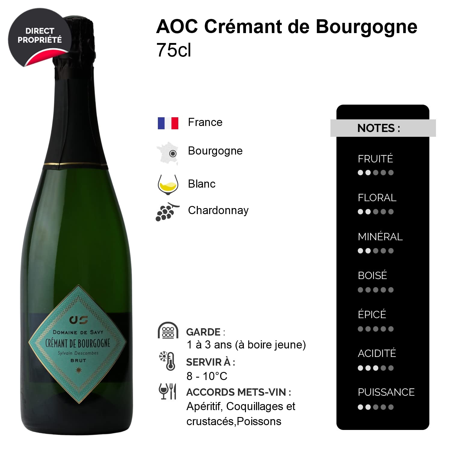 Crémant de Bourgogne Brut - Blanc - Domaine de Savy - Vin Blanc de Bourgogne (3x75cl) Effervescent
