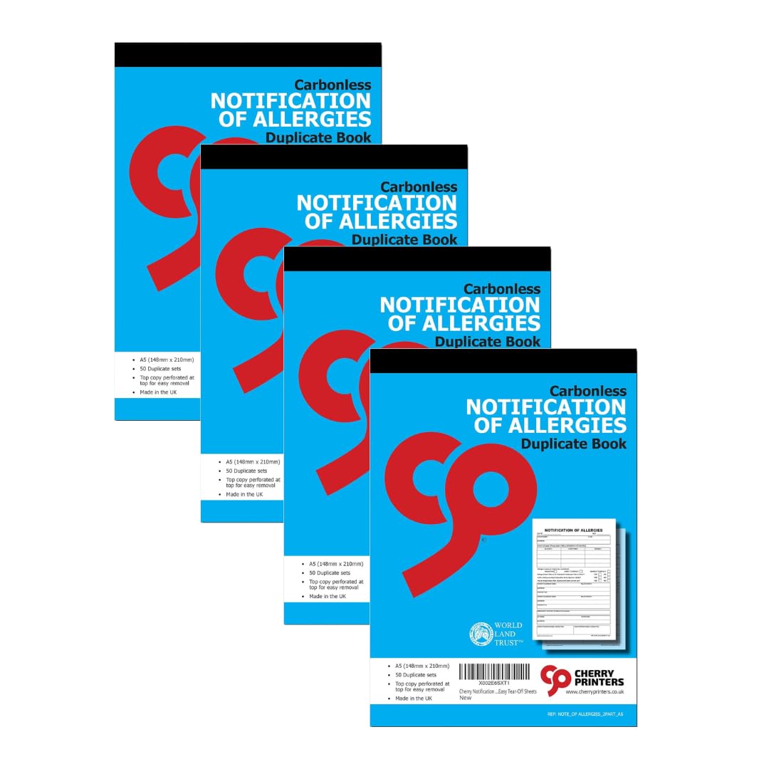 Cherry Printers Notification of Allergies Book A5 | Carbonless Duplicate Book with 50 Sets | Allergy Record for Schools | GP & Emergency Contact Details | Made in UK | Easy Tear-Off Sheets | 4 Pack