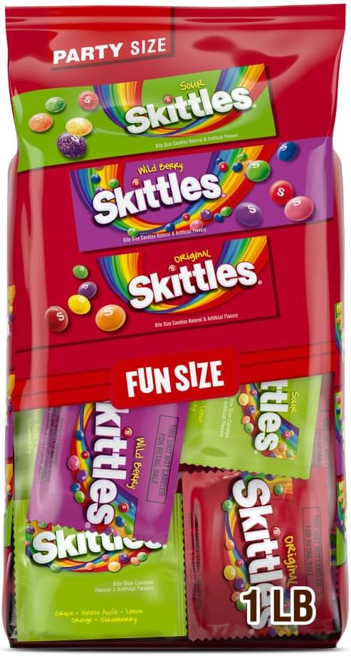 SKITTLES Original, SKITTLES Wild Berry & SKITTLES Sour Fun Size Chewy Individually Wrapped Halloween Candy Variety Pack Trick-or-Treat Assortment, Party Size, 26.46 Oz Bulk Bag