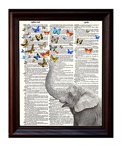 Fresh Prints of CT Dictionary Art Print - Whimsical Elephant and Butterflies - Printed on Recycled Vintage Dictionary Paper - 8.5