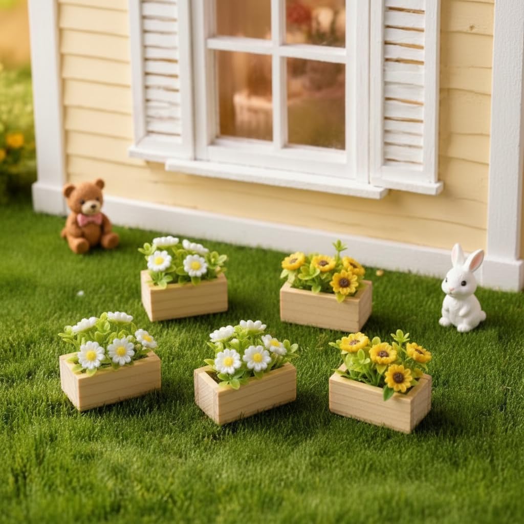4pcs Miniature Wooden Dolls house Fence Set with Simulated Plants, Dolls House Accessories Artificial Greenery Garden Decor for Dollhouse Balcony, Window Box (Sunflower) — image 1