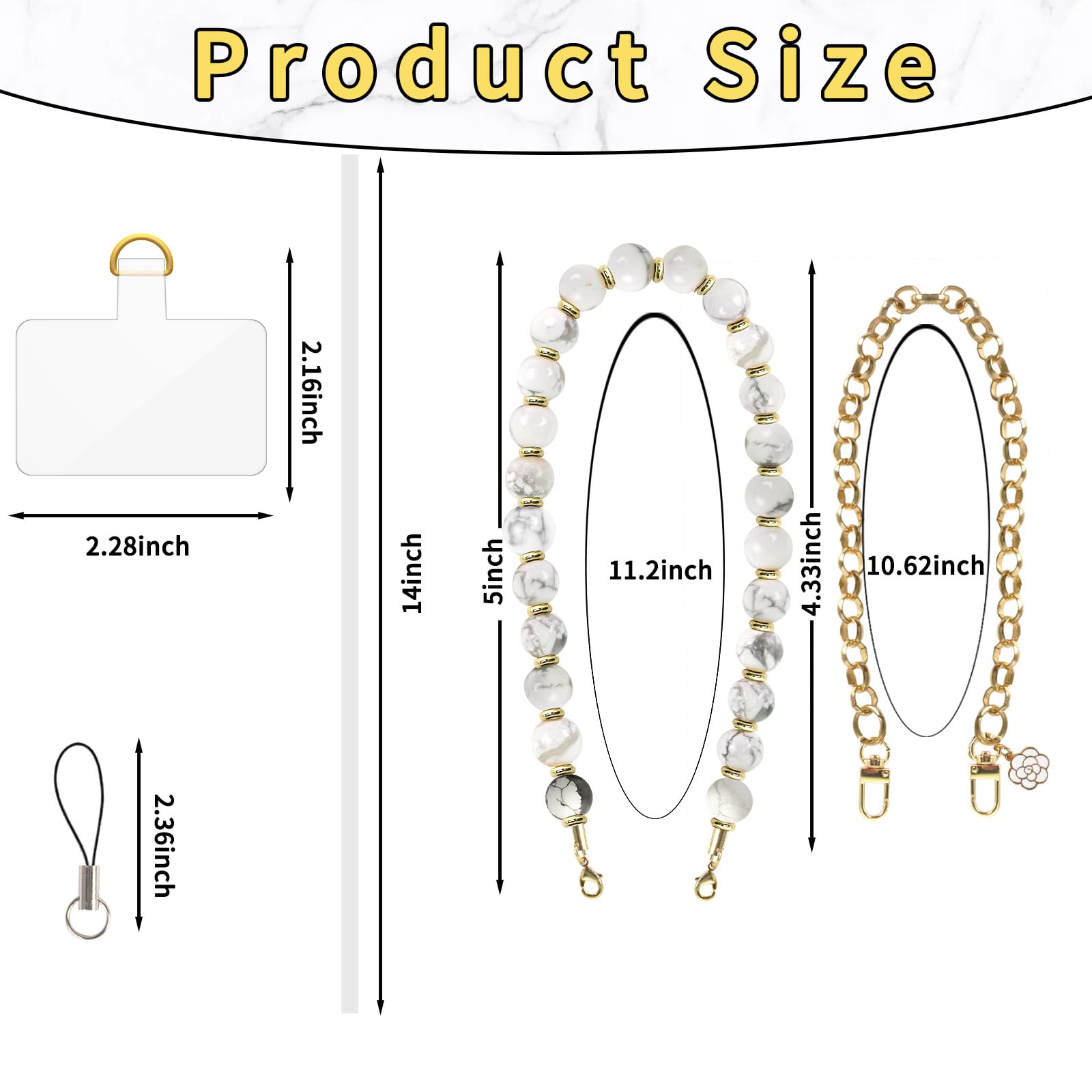 kedaijin Phone Wrist Strap Marble Beaded Leather Double Chain Phone Charm Hands Free Wristlet Bracelet Phone Chain (White)