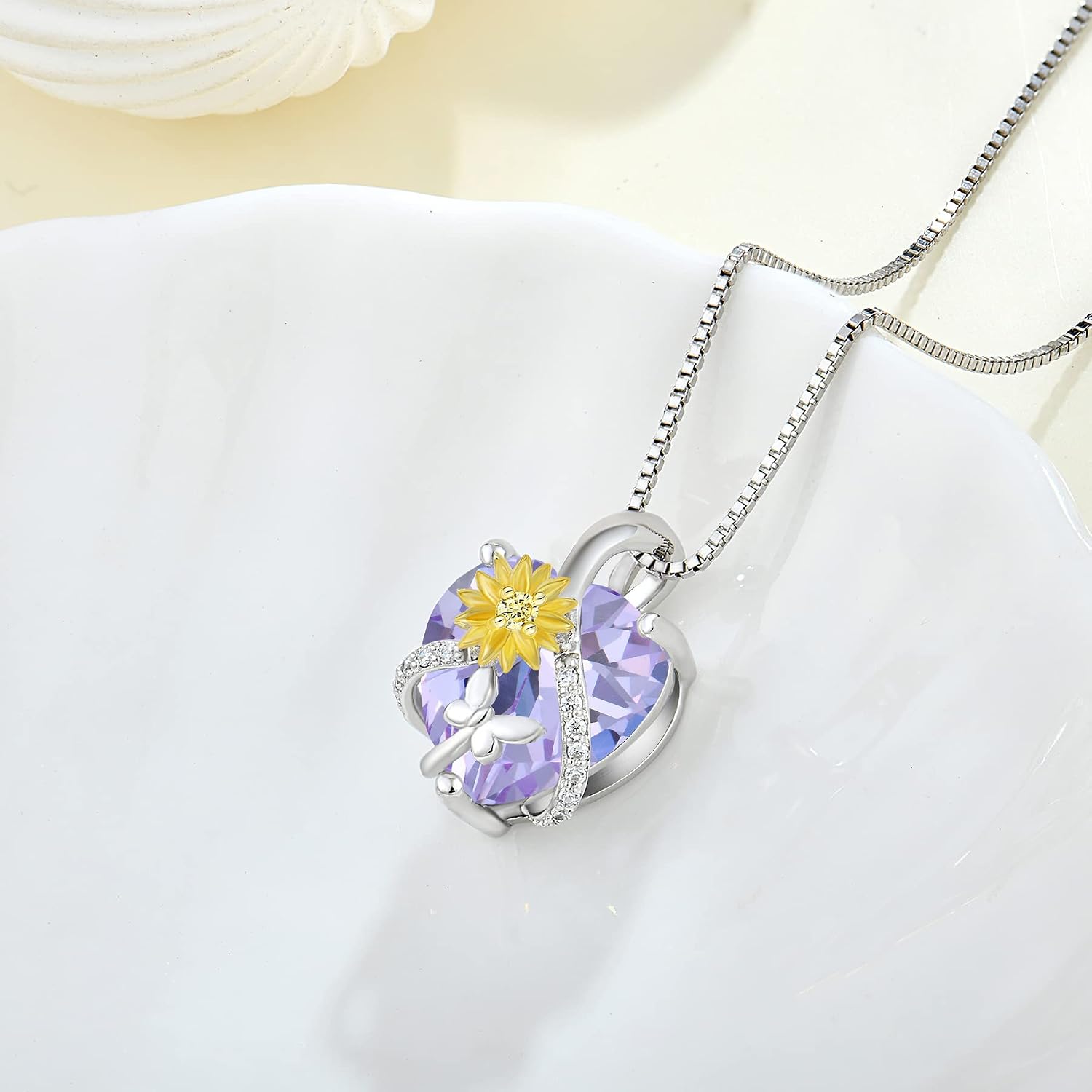 Sunflower Butterfly Necklace Heart Pendant Necklace 925 Sterling Silver Butterfly Jewelry Anniversary Christmas Birthday Gifts for Women Wife Mother