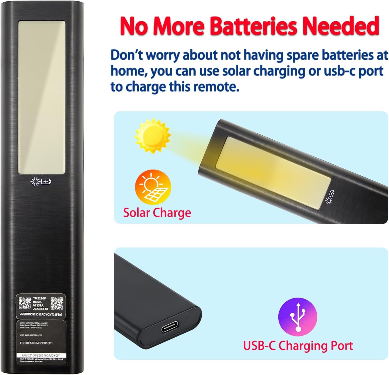 BN59-01357A TM2280F Solar Voice Remote Compatible with Samsung TVs Rechargeable Bluetooth Remote Control USB-C, Solar Charging Compatible with Frame Neo QLED Smart TV Ultra HD Series Black