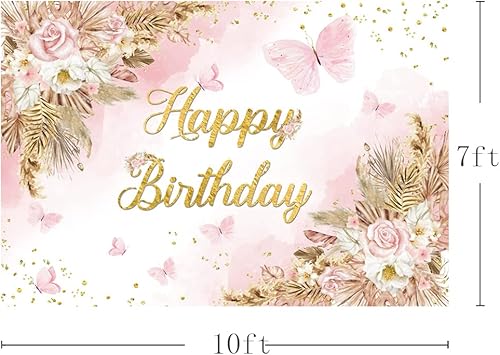 Miniatura 8 de MEHOFOND Telón de fondo bohemio de feliz cumpleaños de 7 x 5 pies para niñas, color rosa rubor, floral, bohemio, hierba de pampas, pasteles,