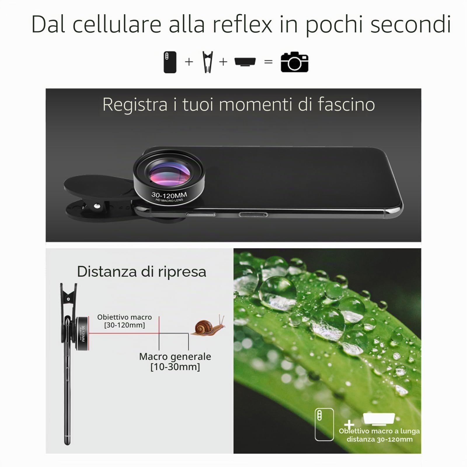 Andoer - Obiettivo macro universale per smartphone da 30 mm a 120 mm, senza distorsioni, con panno di pulizia, scatola