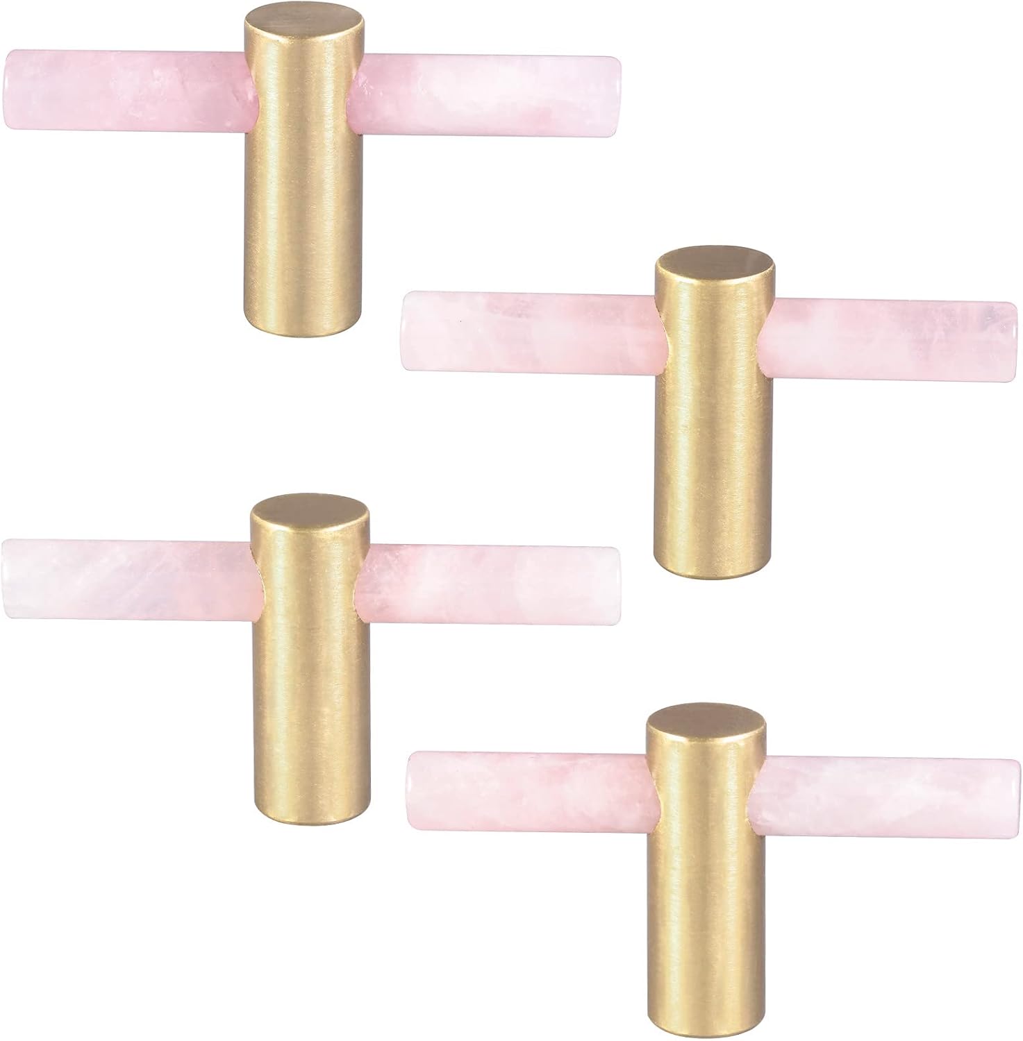 mookaitedecor Set of 4 Rose Quartz Crystal Wand Drawer Knobs and Pulls Stone Cabinet Knobs Brass Handles for Kitchen Dresser Door Decor