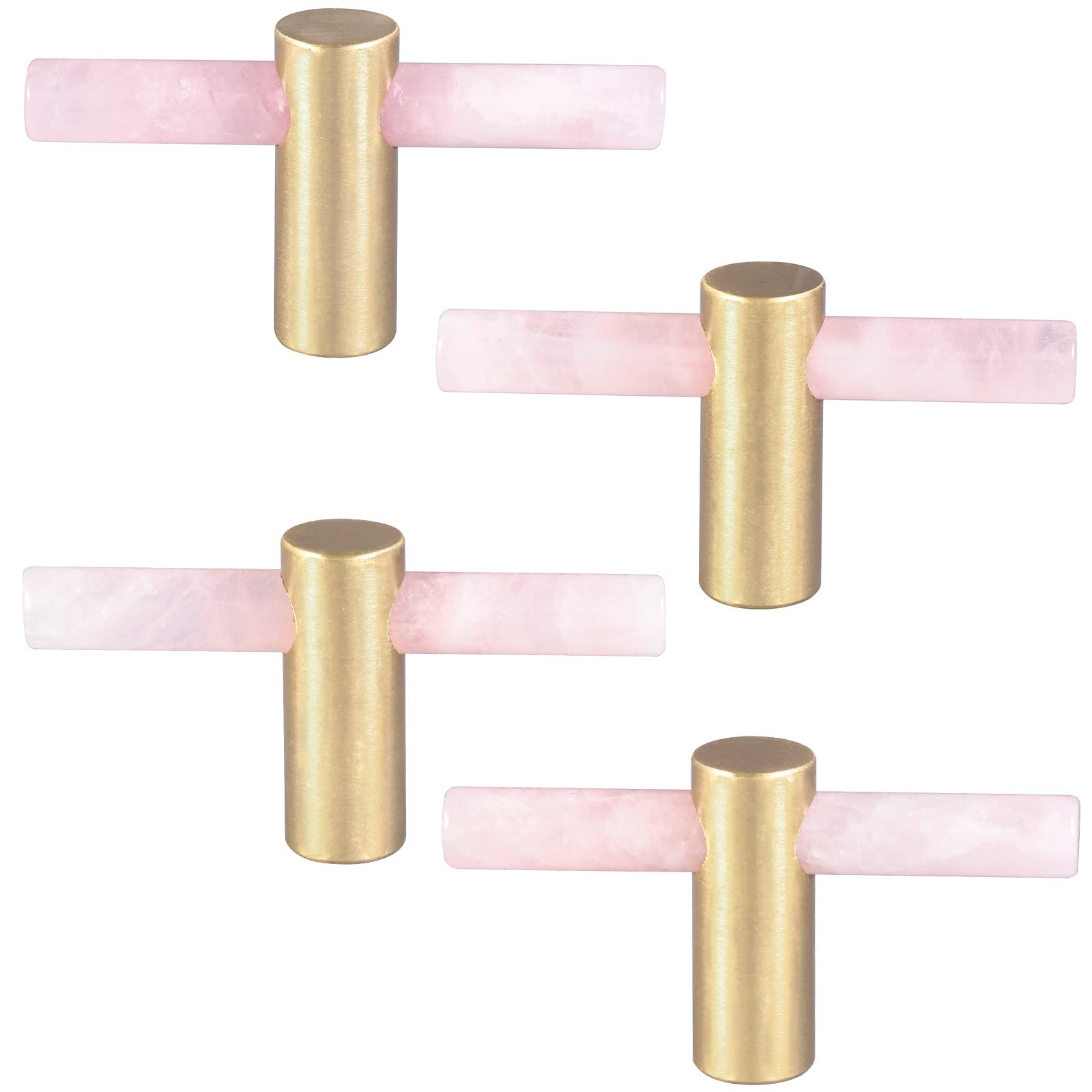 mookaitedecor Set of 4 Rose Quartz Crystal Wand Drawer Knobs and Pulls Stone Cabinet Knobs Brass Handles for Kitchen Dresser Door Decor