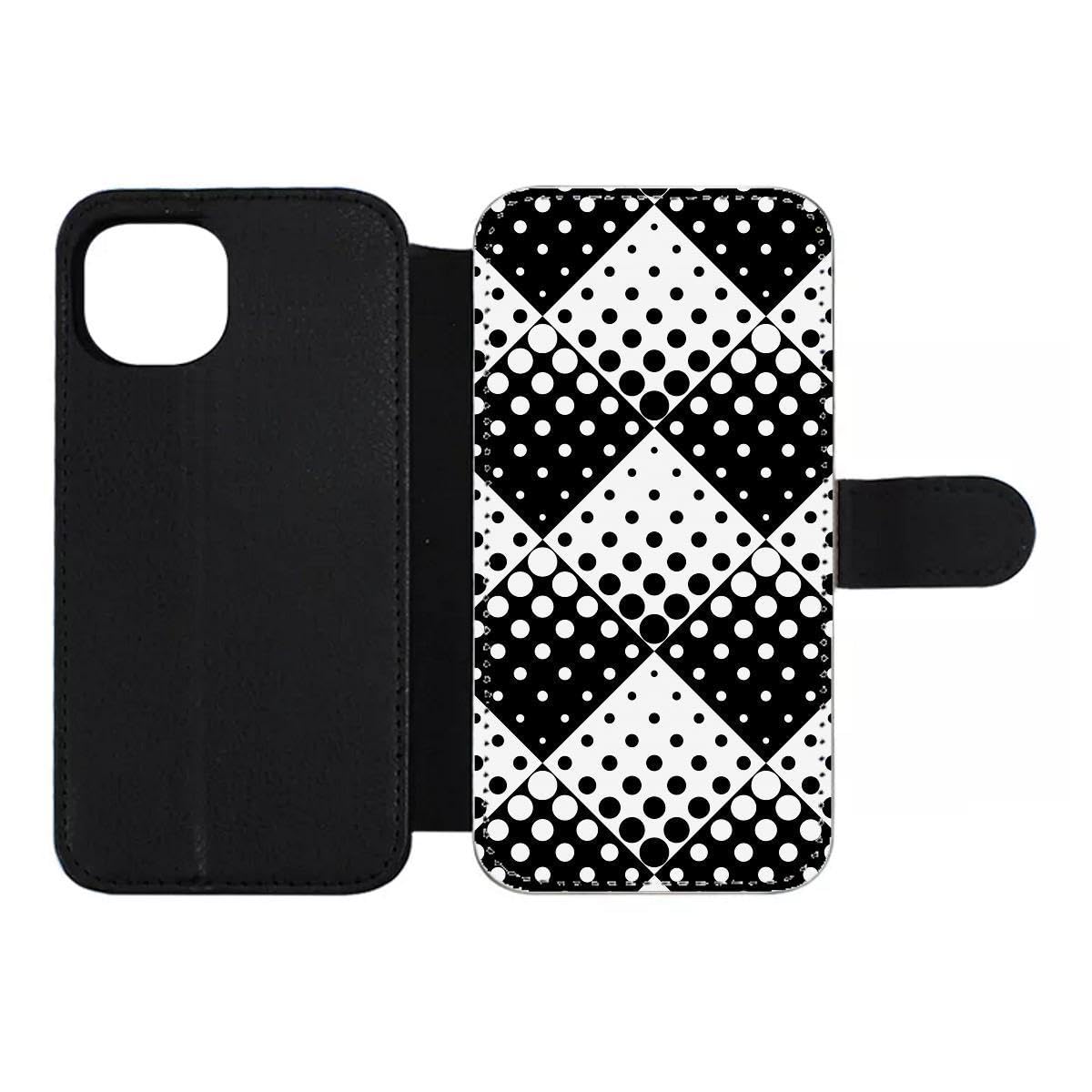 Etui cuir pour iPhone 15 Plus idéal au bureau motif géométrique noir et blanc