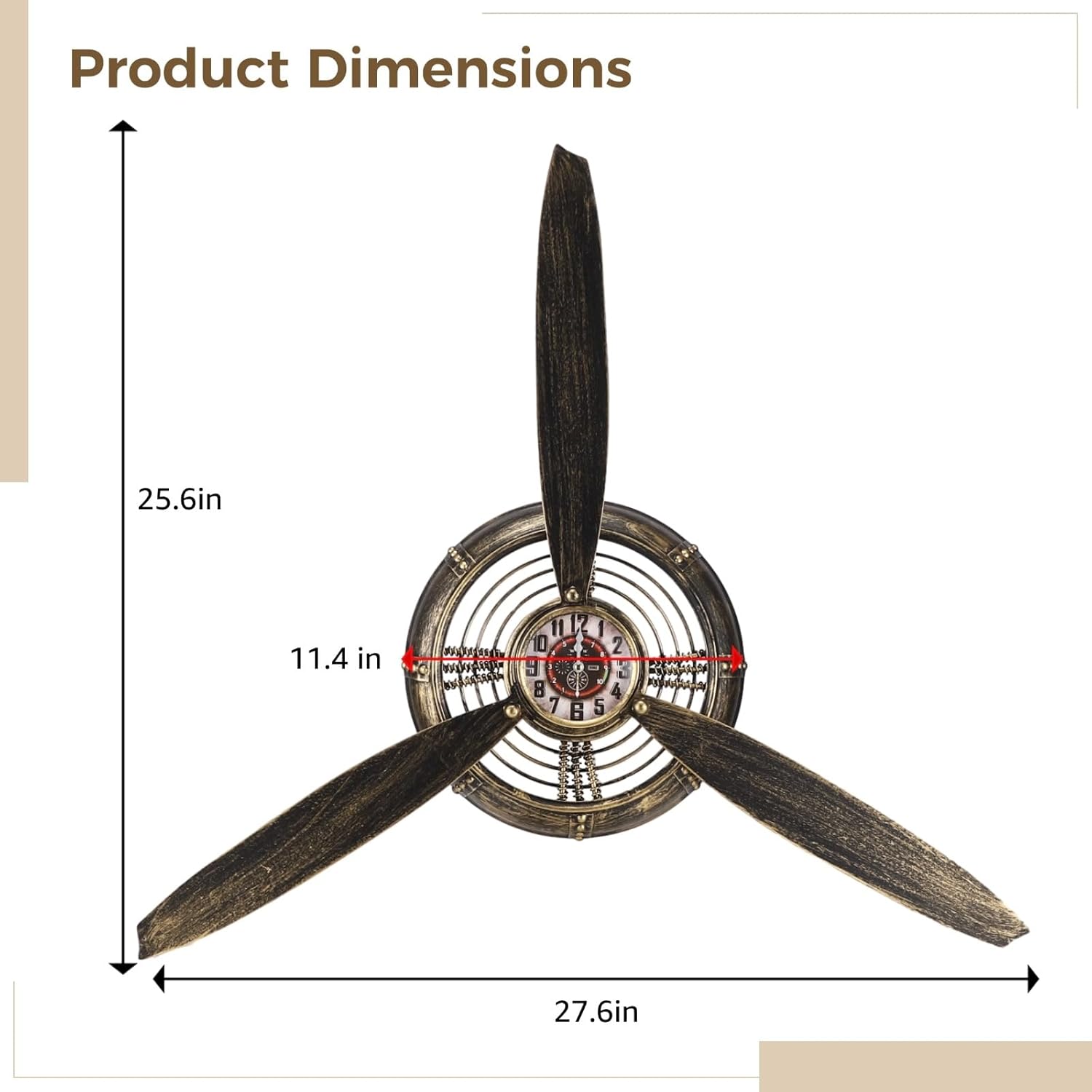 Airplane Propeller Wall Clock, Vintage Aviation Wall Clock Propeller Design Hanging Art, Bronze Industrial Iron Decorative Clock for Living Room Bar Cafe Office, Battery Operated