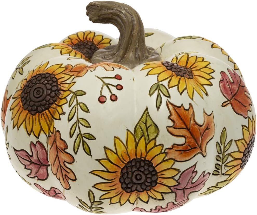 Boston International Fall Autumn Harvest Thanksgiving Décor Tabletop Carved Pumpkin, Large, Sunflower Cream