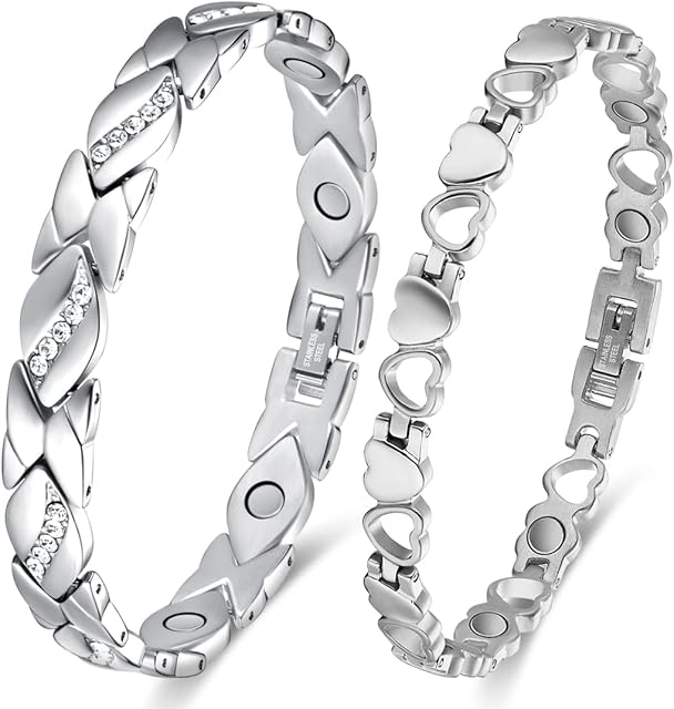 Vicmag 2PCS Titanium Steel Magnetic Bracelets for Women with Ultra Strength Magnetic, Neat and Sparkly Crystal Love Style Design, Gift Box with Adjustment Tool