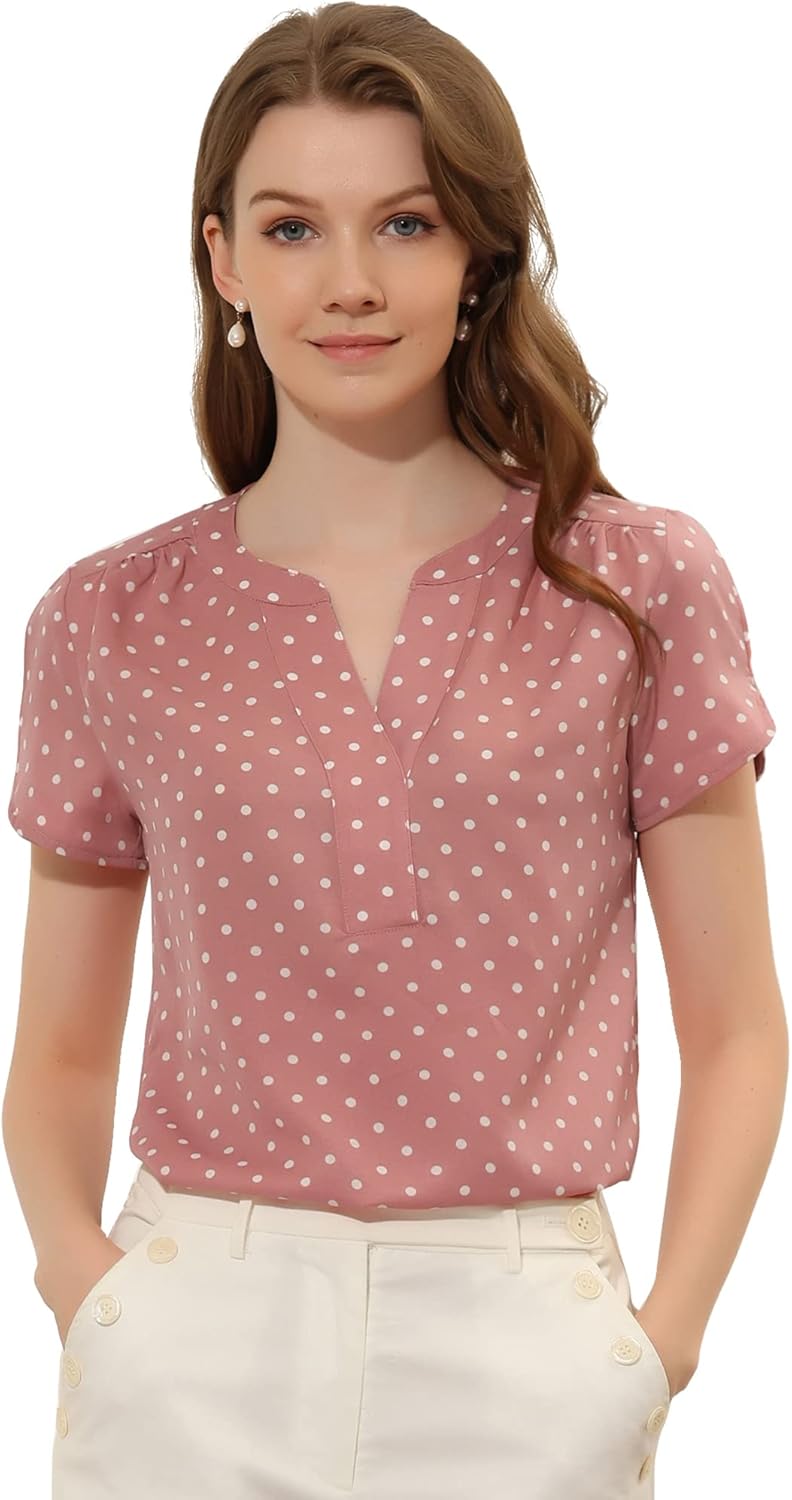 Allegra K Women’s Polka Dots Print V Neck Short Sleeve Elegant Work Office Tops Allegra K Women’s Polka Dots Print V Neck Short Sleeve Elegant Work Office Tops