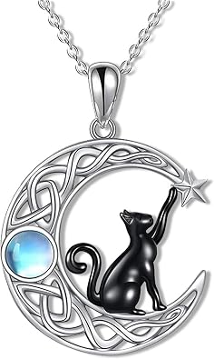 MALOYANVE Celtic Moon Black Cat Necklace Cute Animal Kitten Vintage Handmade Crystal Moonstone Sterling Silver Pendant Necklace Jewelry for Women Cat Lovers