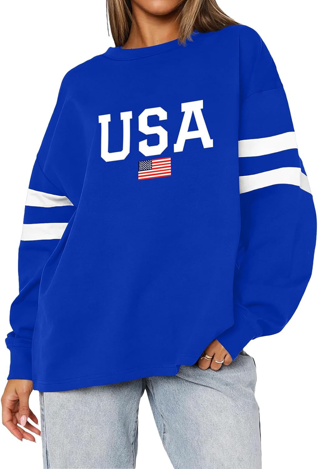 LEEDYA Womens Oversized USA Graphic Letter Print Sweatshirts Crewneck 4th of July Pullover Patriotic Sweater